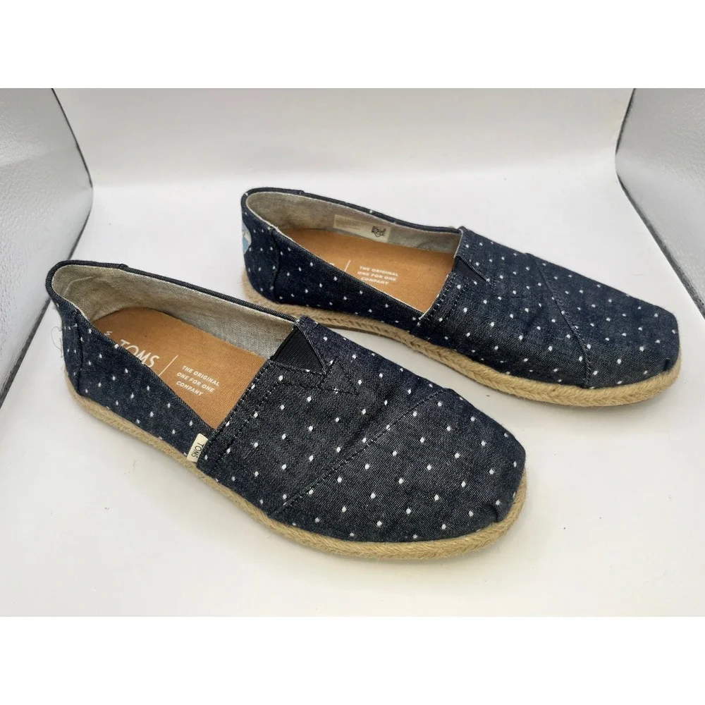 TOMS Women Size‎ 5.5 Black White Polka Dot Espadrille Flats Shoes Canvas Slip On